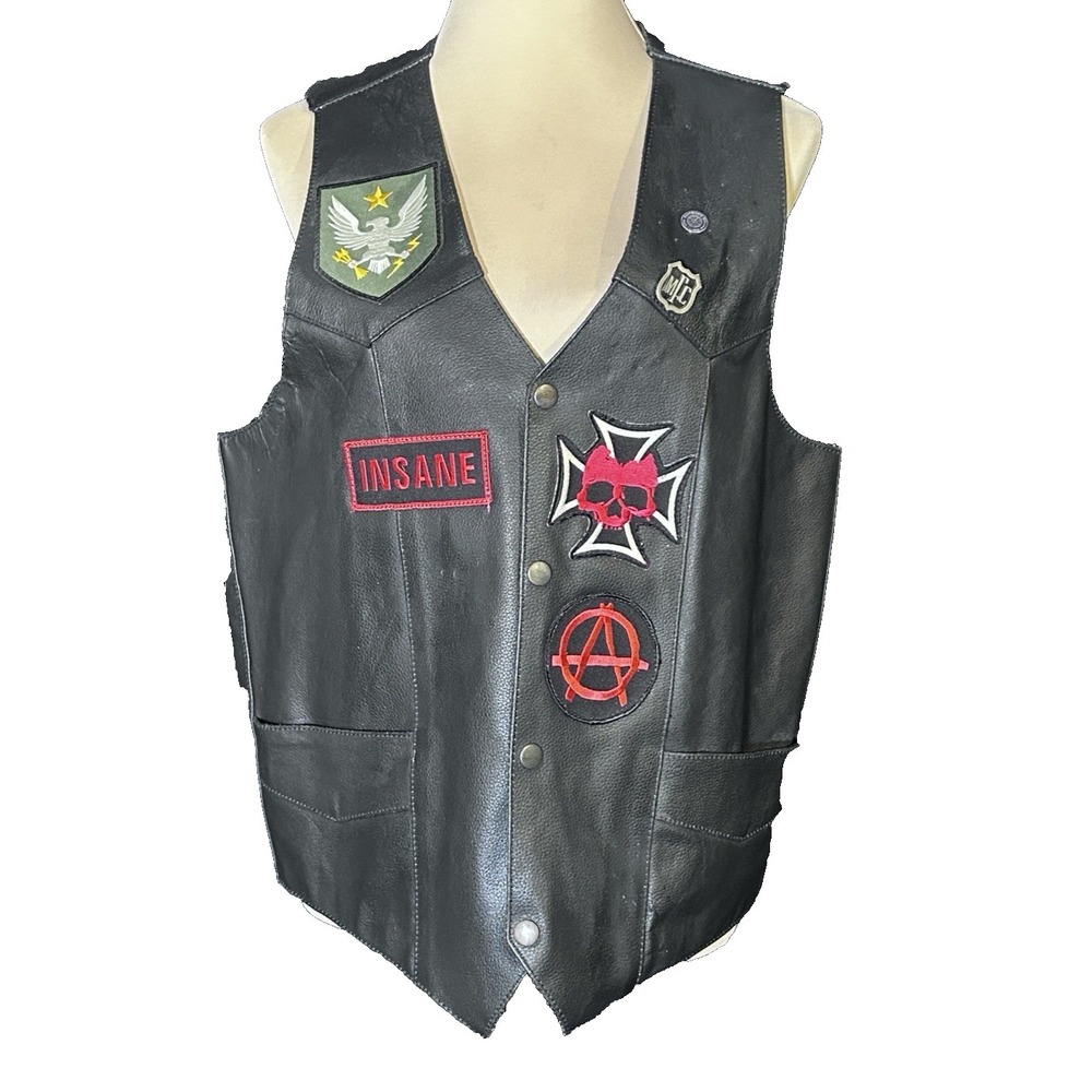 Highway Hawks Black Leather Motorcycle Vest Mens M Biker Patches 90s